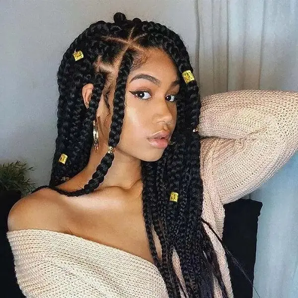 Long Black Knotless Braids With Gold Cuffs Long Black Knotless Braids With Gold Cuffs — Simple Large Knotless Braids