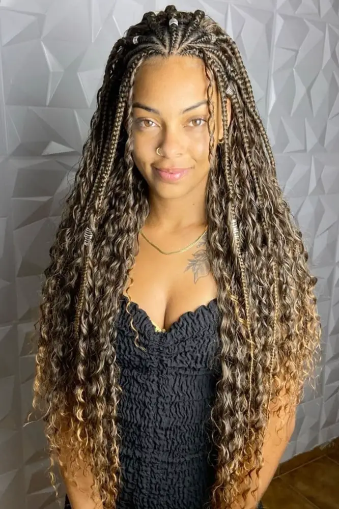 Brown Braids With Blonde Highlights And Loose Curls Brown Braids With Blonde Highlights And Loose Curls — Simple Large Knotless Braids