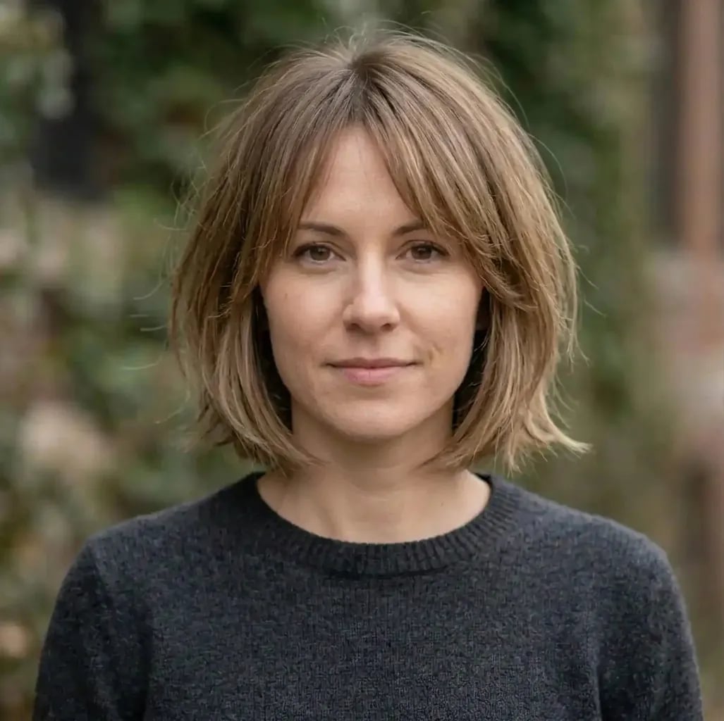 Collarbone Bob With Blonde Balayage And Curtain Bangs, Wavy — Simple Layer Bob