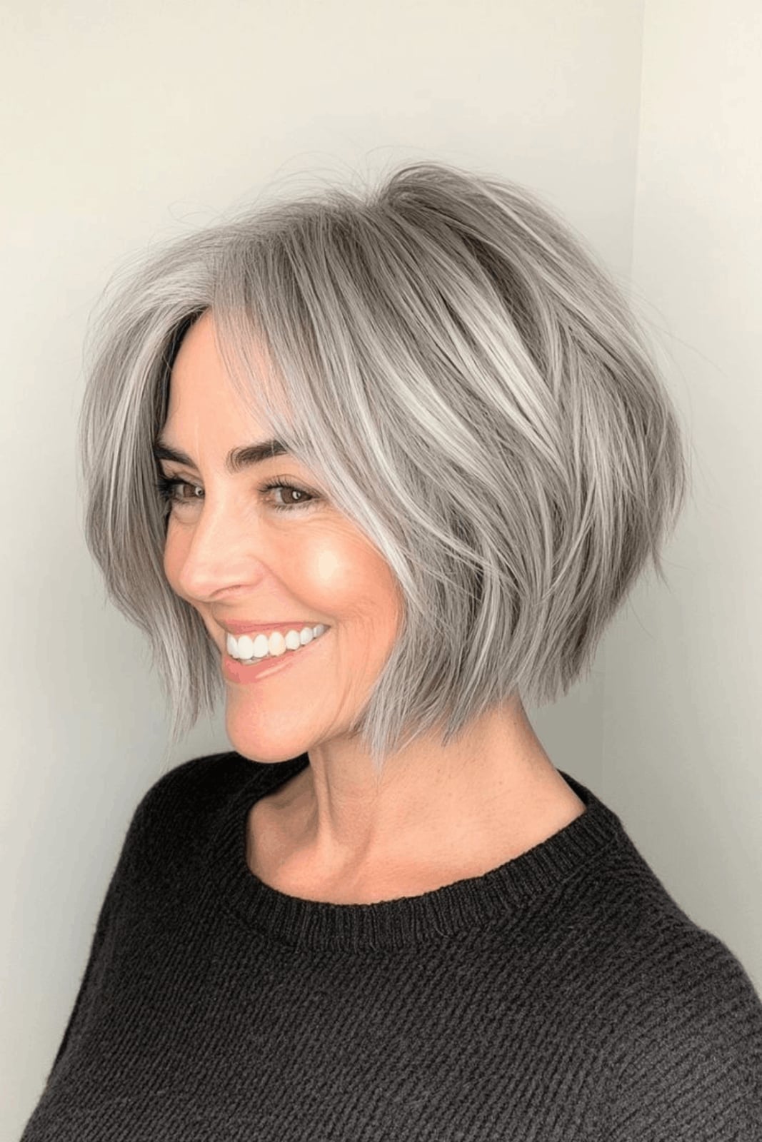 Chin Length Layered Bob With Soft Curtain Bangs — Simple Layer Bob