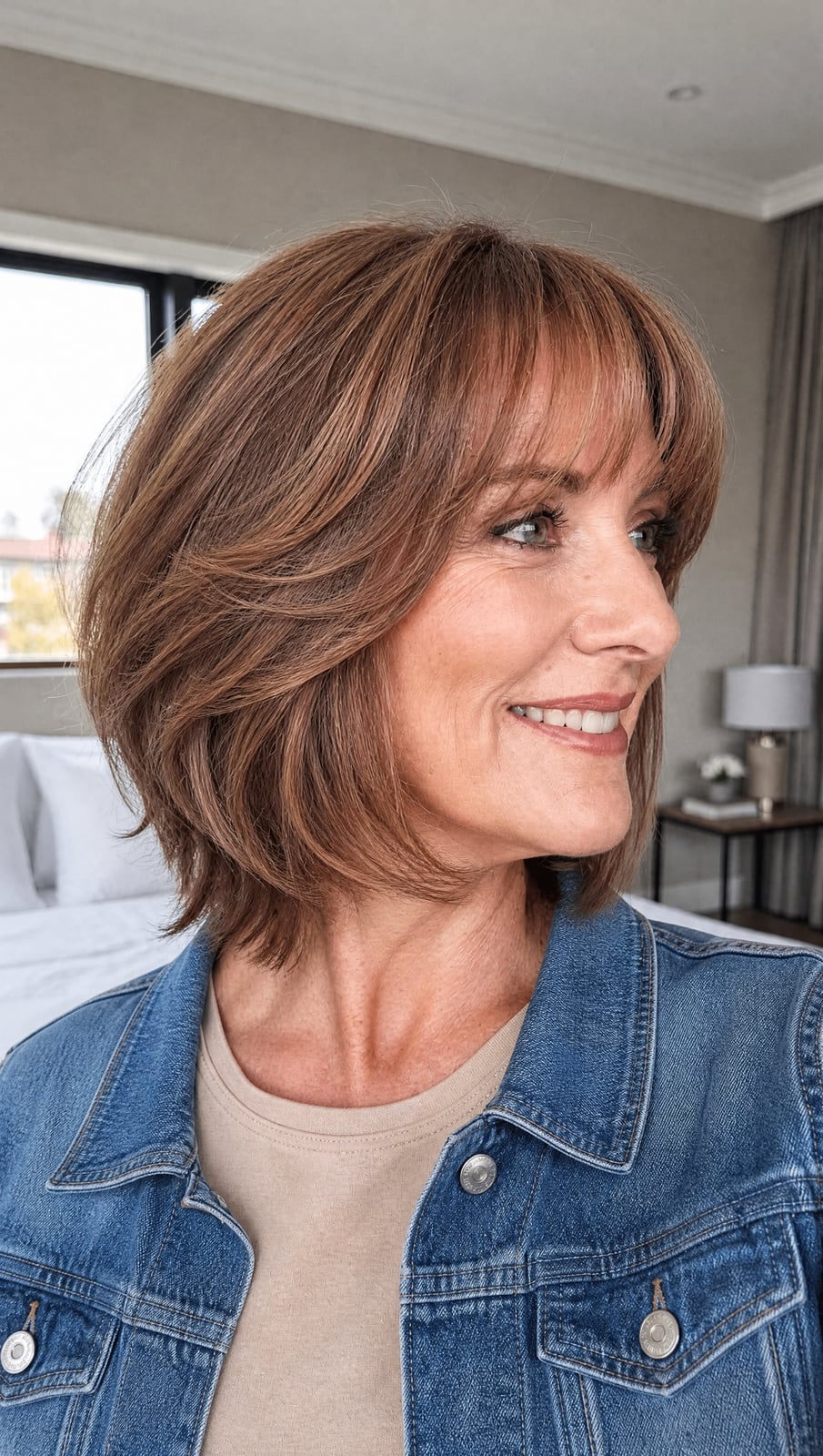 Chin Length Layered Bob With Full Bangs, Straight Chin Length Layered Bob With Full Bangs, Straight — Simple Layered Haircuts for Medium Hair