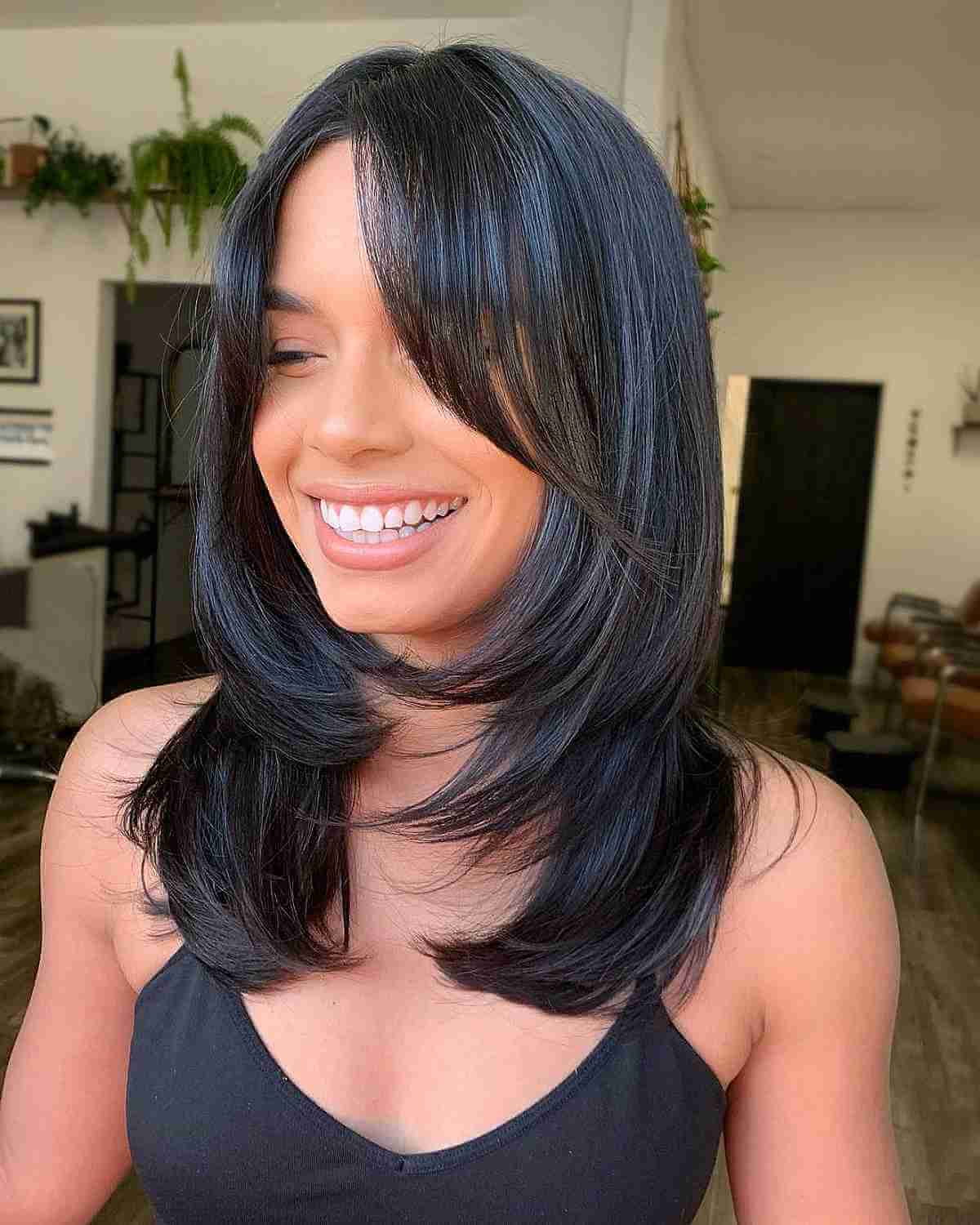 Shoulder Length Layered Shag With Full Bangs Shoulder Length Layered Shag With Full Bangs — Simple Layered Haircuts for Medium Hair