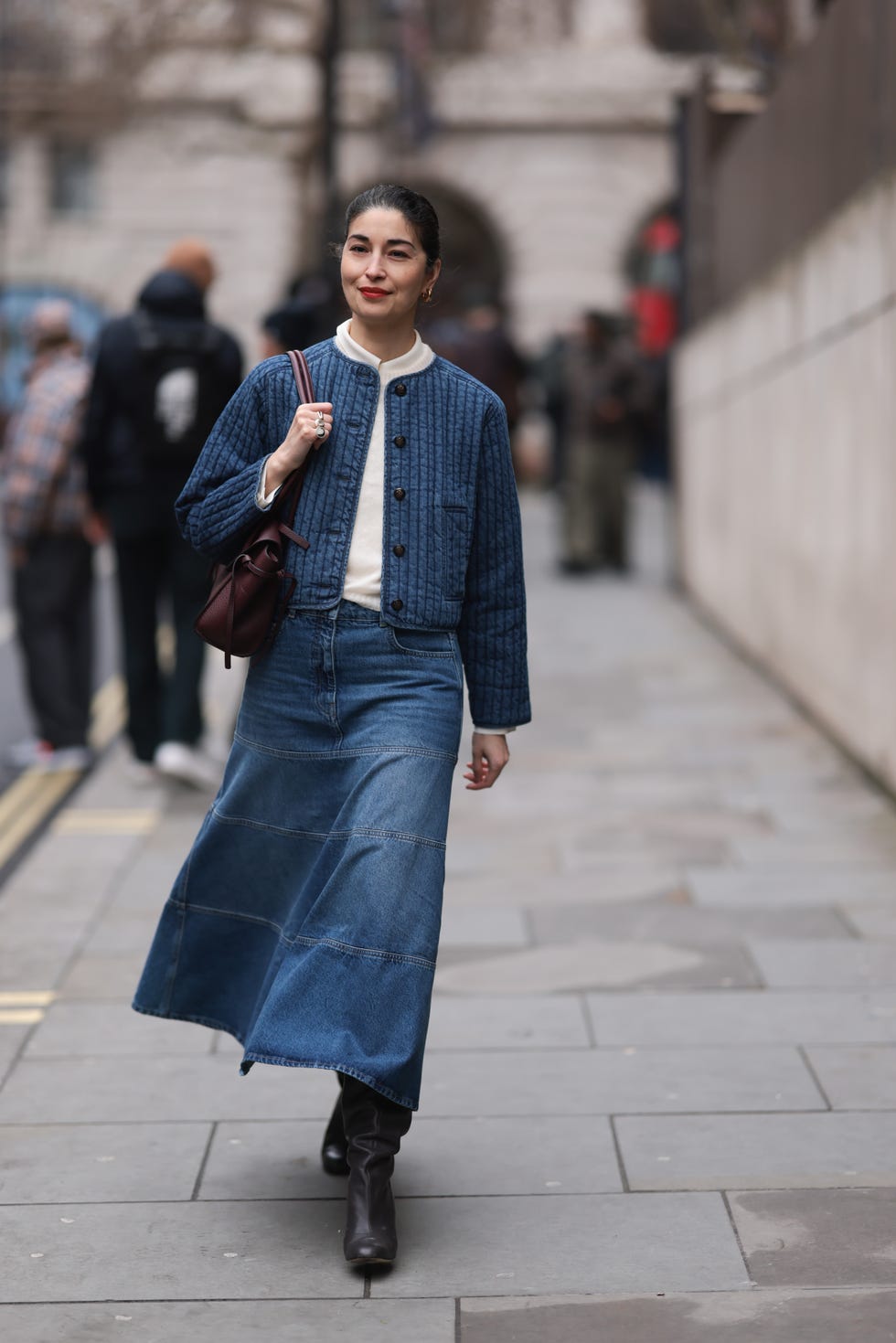 Quilted Denim Jacket With Denim Midi Skirt Quilted Denim Jacket With Denim Midi Skirt — Simple Layered Ideas