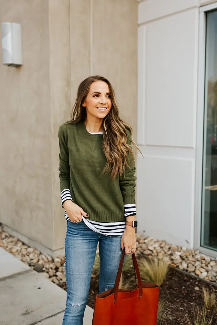Green Sweater Over Striped Long-Sleeve Shirt Green Sweater Over Striped Long-Sleeve Shirt — Simple Layered Ideas