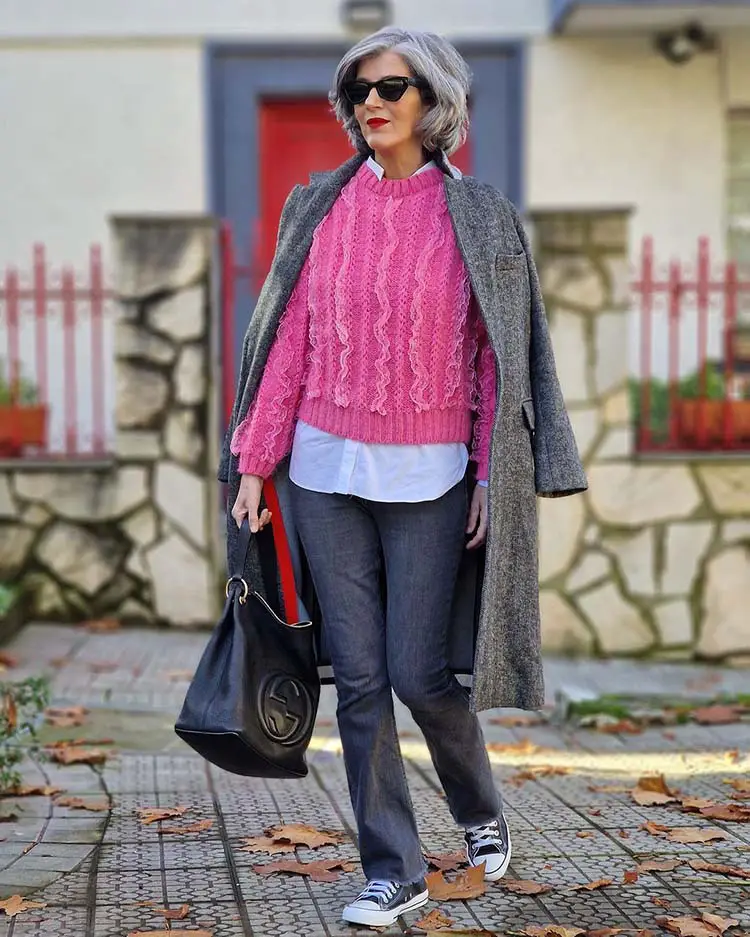 Gray Coat Draped Over Pink Textured Sweater Gray Coat Draped Over Pink Textured Sweater — Simple Layered Ideas