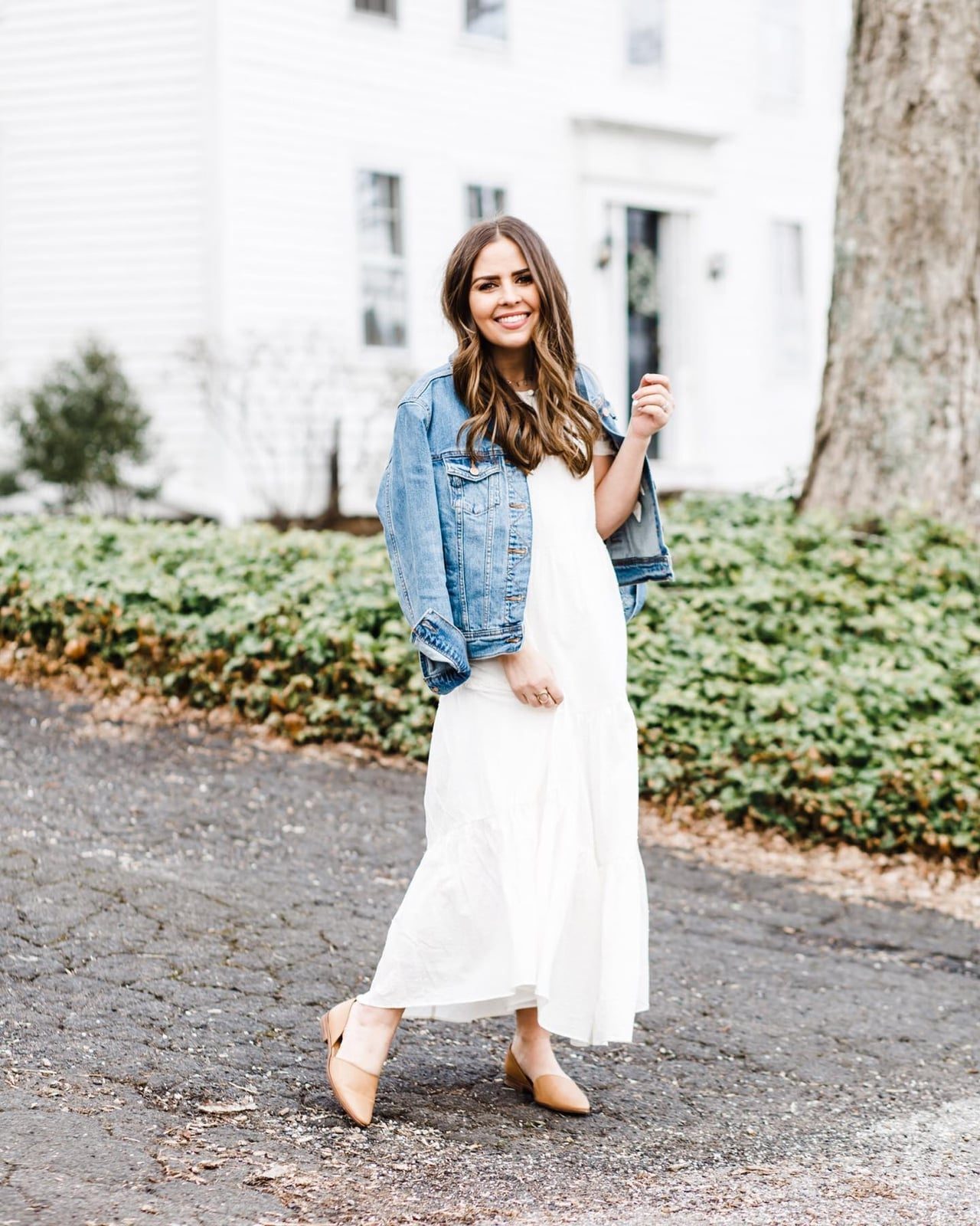 Denim Jacket Over Tiered Midi Dress Denim Jacket Over Tiered Midi Dress — Simple Layered Ideas