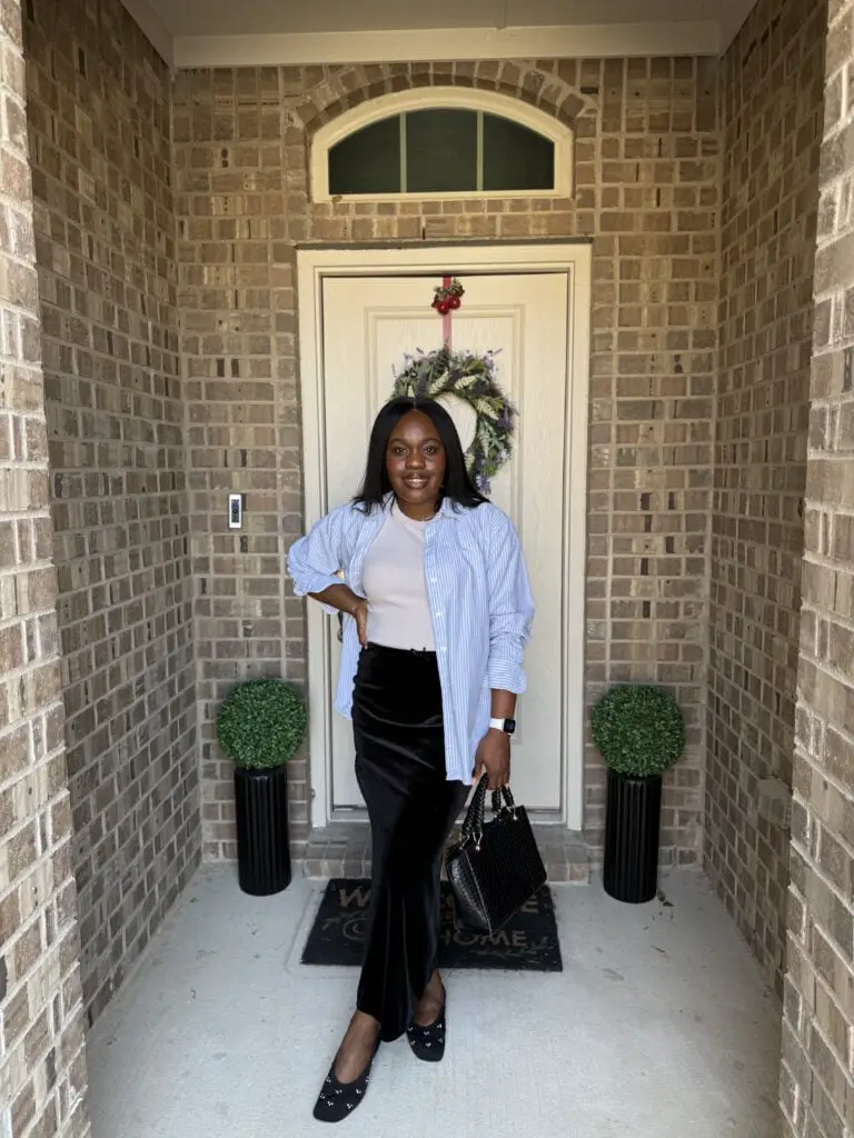 Striped Shirt Over Fitted Top With Velvet Trousers Striped Shirt Over Fitted Top With Velvet Trousers — Simple Layered Ideas
