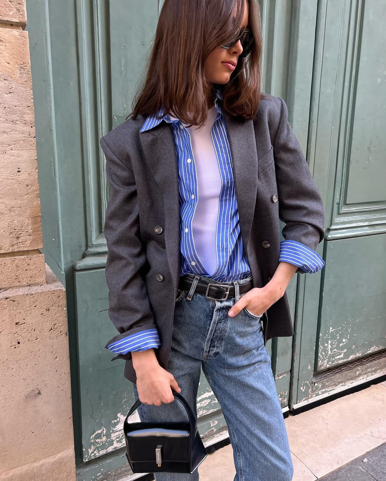 Gray Blazer Over Striped Shirt And Ribbed Top Gray Blazer Over Striped Shirt And Ribbed Top — Simple Layered Ideas