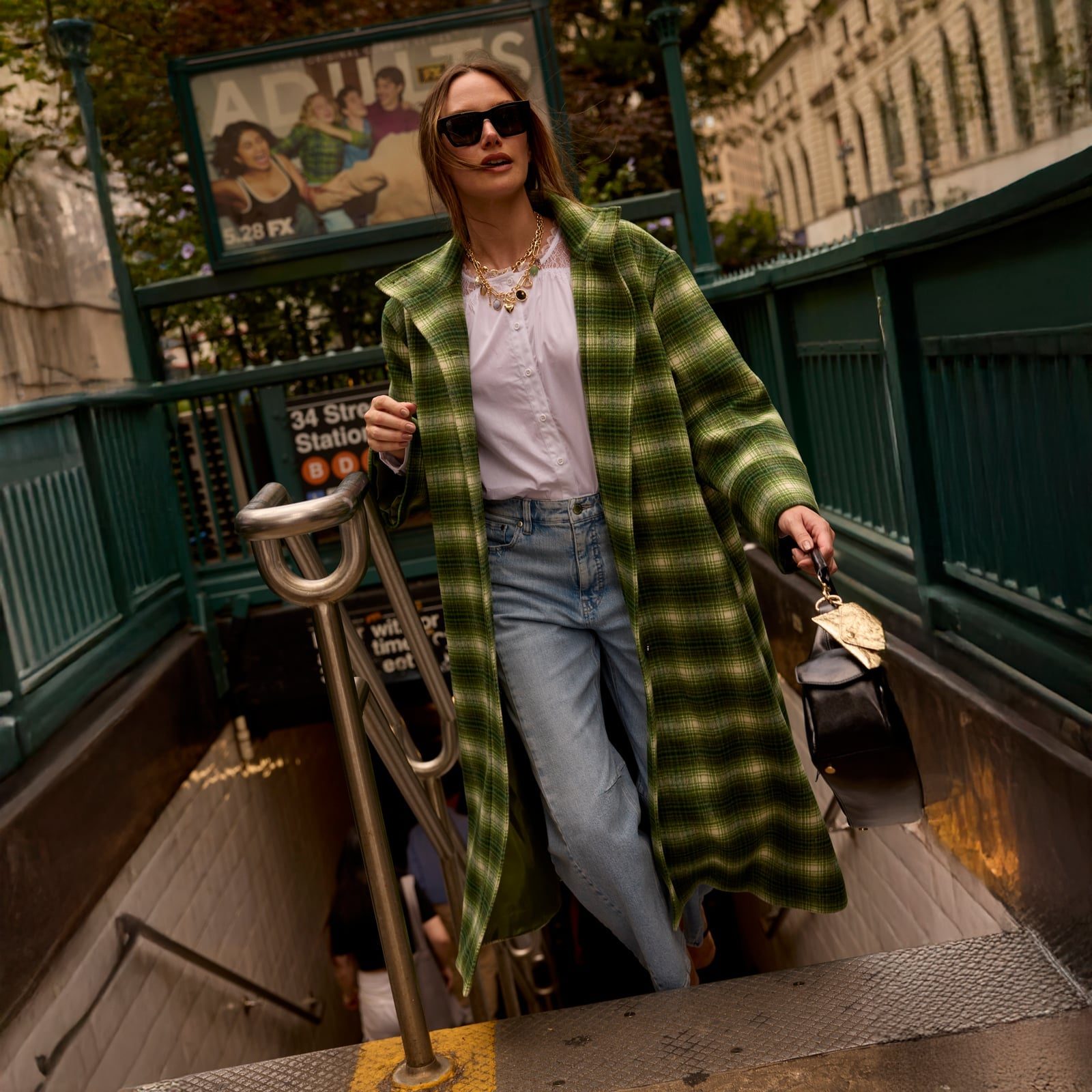 Green Plaid Long Coat Over White Blouse Green Plaid Long Coat Over White Blouse — Simple Layered Ideas