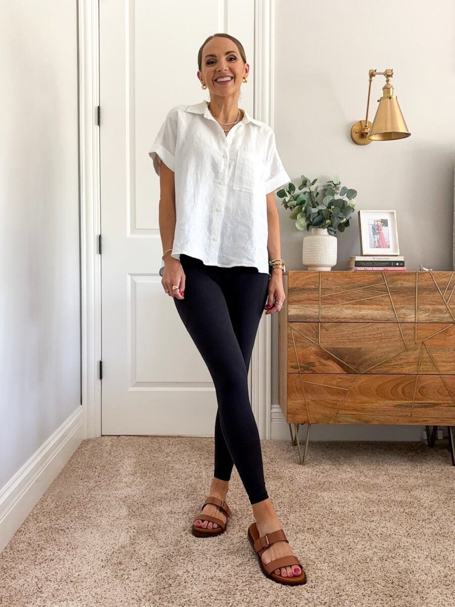 Black Leggings with a Relaxed Linen Shirt and Brown Slide Sandals Black Leggings with a Relaxed Linen Shirt and Brown Slide Sandals — Simple Leggings Outfits Casual