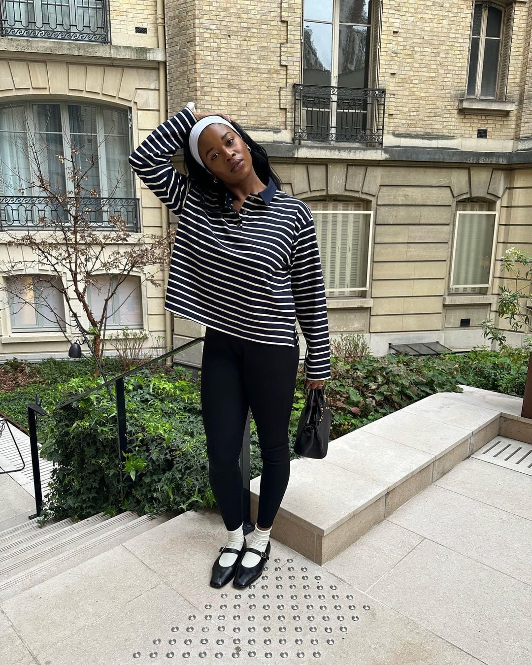 Striped Polo Shirt with Classic Black Leggings Striped Polo Shirt with Classic Black Leggings — Simple Leggings Outfits Casual
