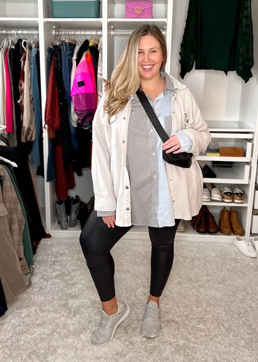 Black Leggings with an Oversized Beige Shacket Black Leggings with an Oversized Beige Shacket — Simple Leggings Outfits Casual