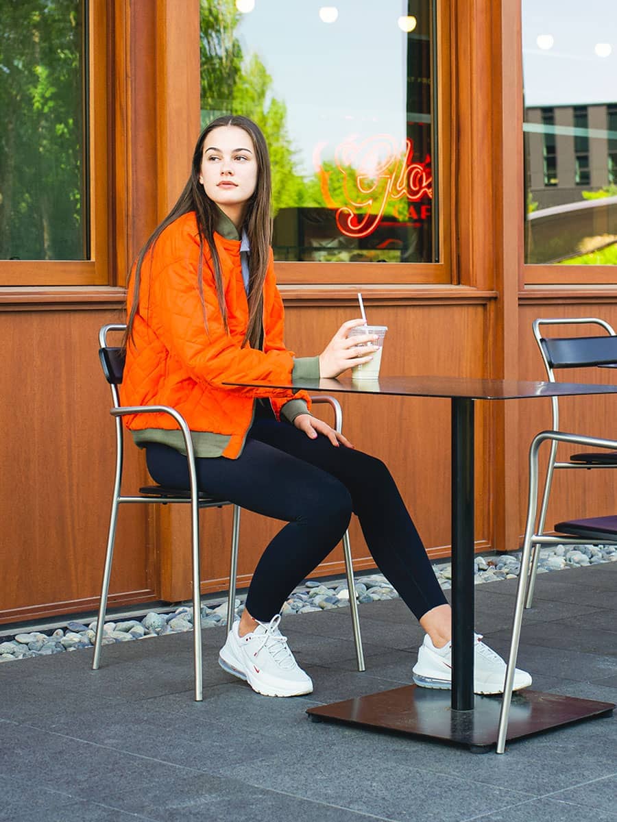 Black Leggings with Gray Hoodie and Orange Bomber Jacket Black Leggings with Gray Hoodie and Orange Bomber Jacket — Simple Leggings Outfits Casual