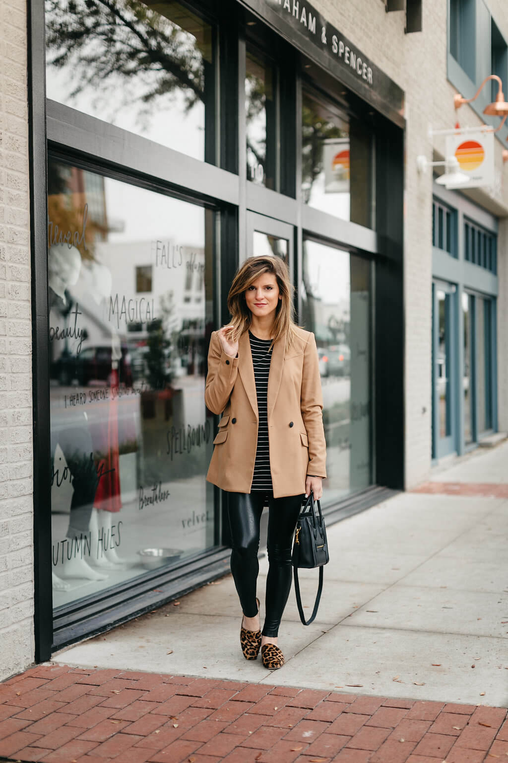Leather Leggings with a Camel Blazer Leather Leggings with a Camel Blazer — Simple Leggings Outfits Casual