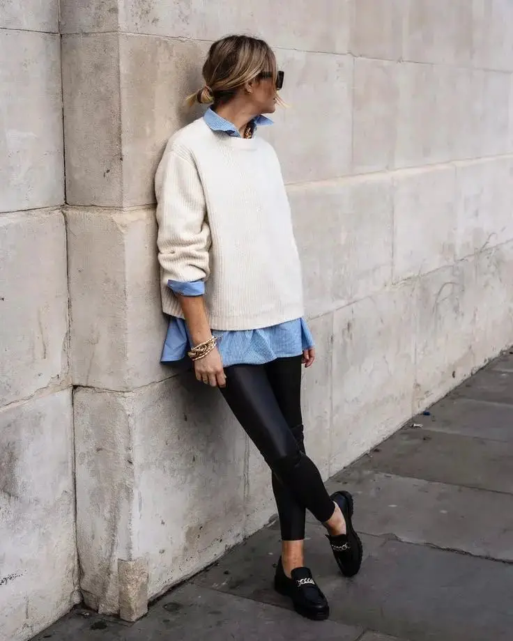 Leather Leggings with a Cream Knit Sweater Leather Leggings with a Cream Knit Sweater — Simple Leggings Outfits Casual