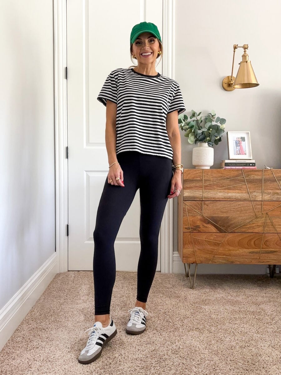 Black Leggings with a Striped Tee and Baseball Cap Black Leggings with a Striped Tee and Baseball Cap — Simple Leggings Outfits Casual