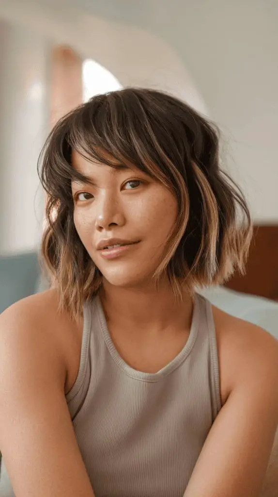 Chin Bob With Curtain Bangs and Waves Chin Bob With Curtain Bangs and Waves — Simple Lengths Bob