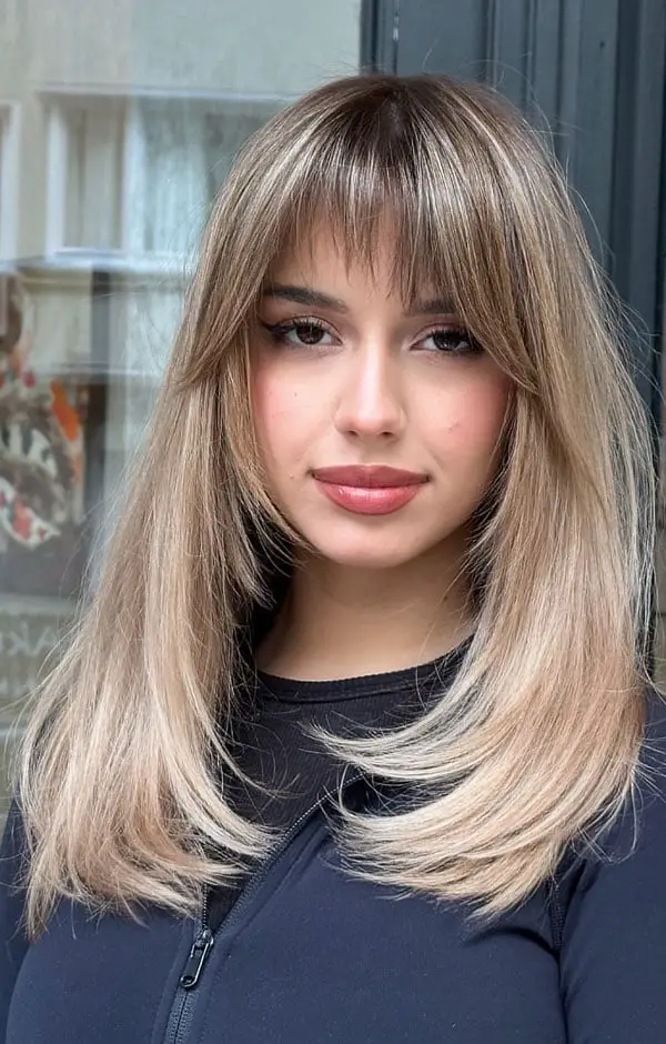 Collarbone Layers with Wispy Bangs and Blonde Balayage Collarbone Layers with Wispy Bangs and Blonde Balayage — Simple Lengths Haircut