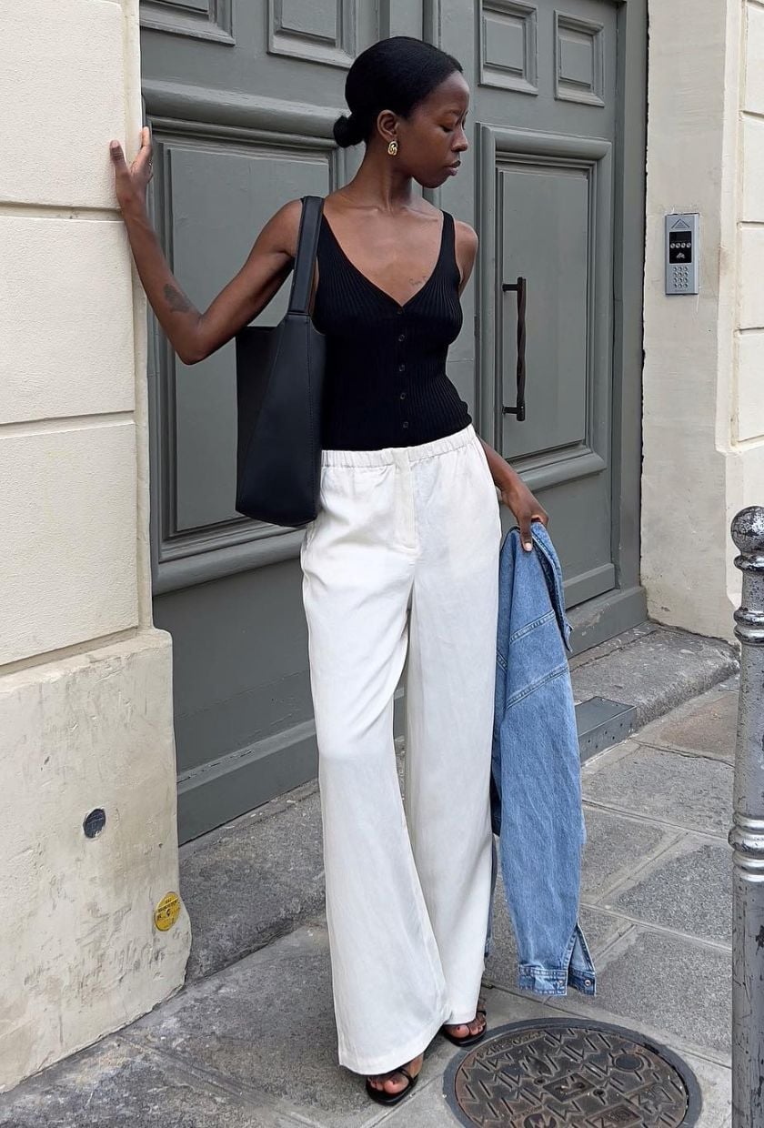 White Linen Pants with Black Tank and Held Denim Jacket White Linen Pants with Black Tank and Held Denim Jacket — Simple Linen Pants Outfits