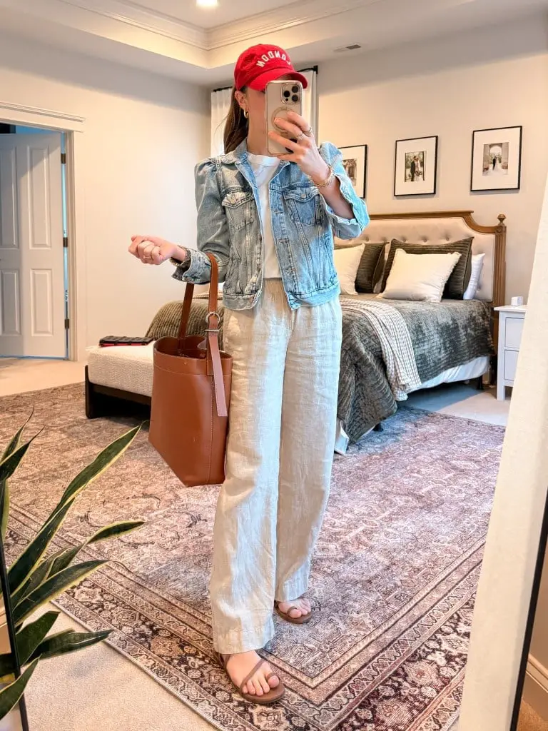 Beige Linen Pants with Denim Jacket and Red Cap Beige Linen Pants with Denim Jacket and Red Cap — Simple Linen Pants Outfits