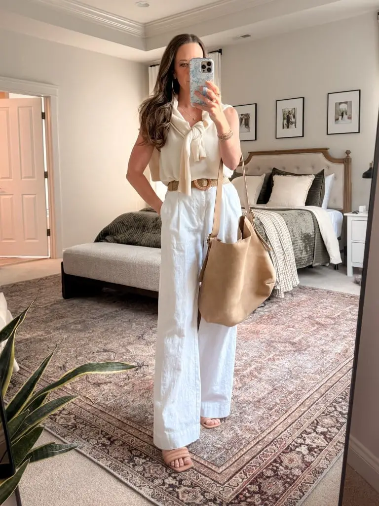White Wide Leg Linen Pants with Tie-Neck Blouse and Tan Flat Sandals White Wide Leg Linen Pants with Tie-Neck Blouse and Tan Flat Sandals — Simple Linen Pants Outfits