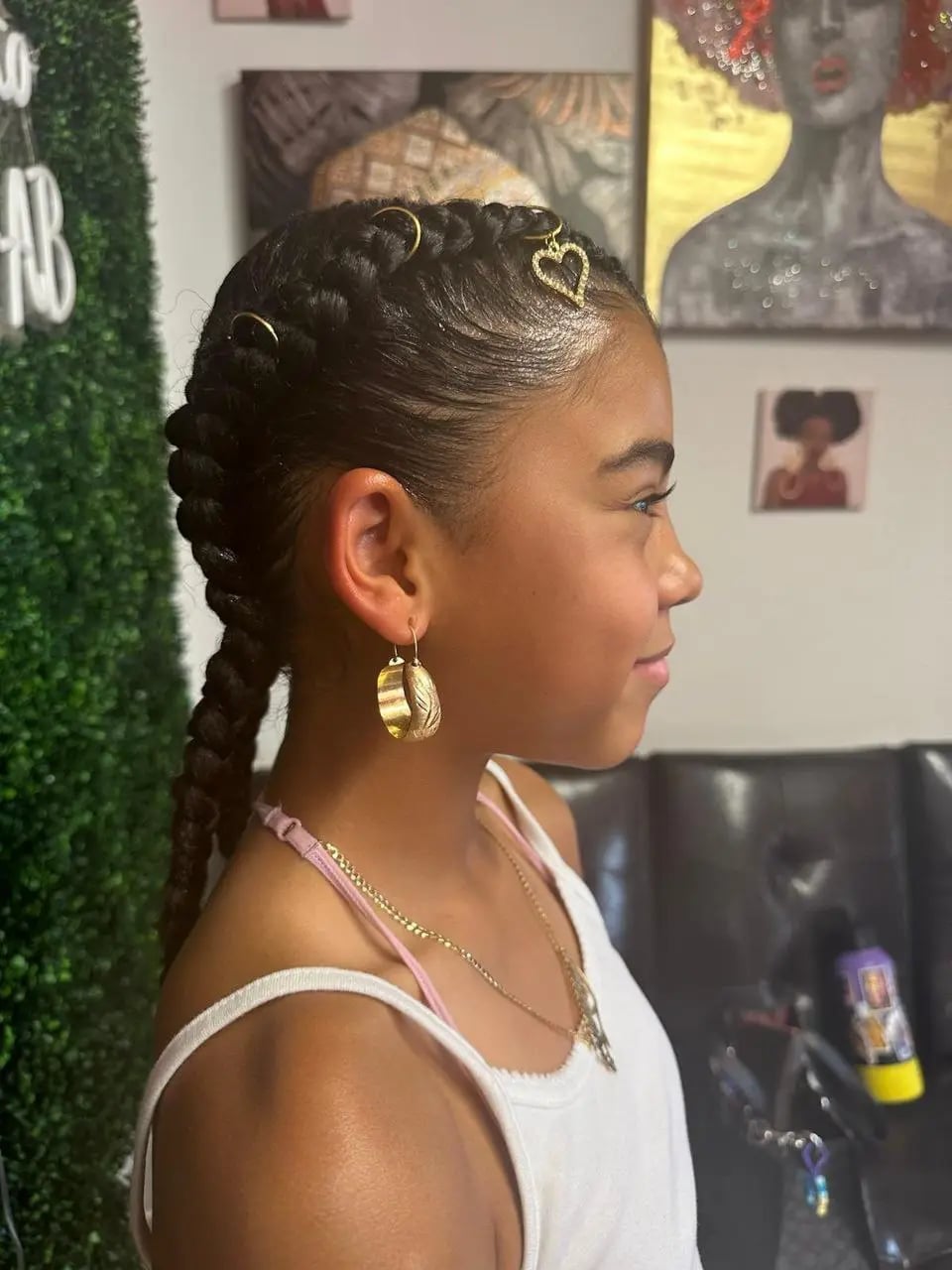 Two Braided Cornrows With Gold Accessories — Simple Little Girl Braids