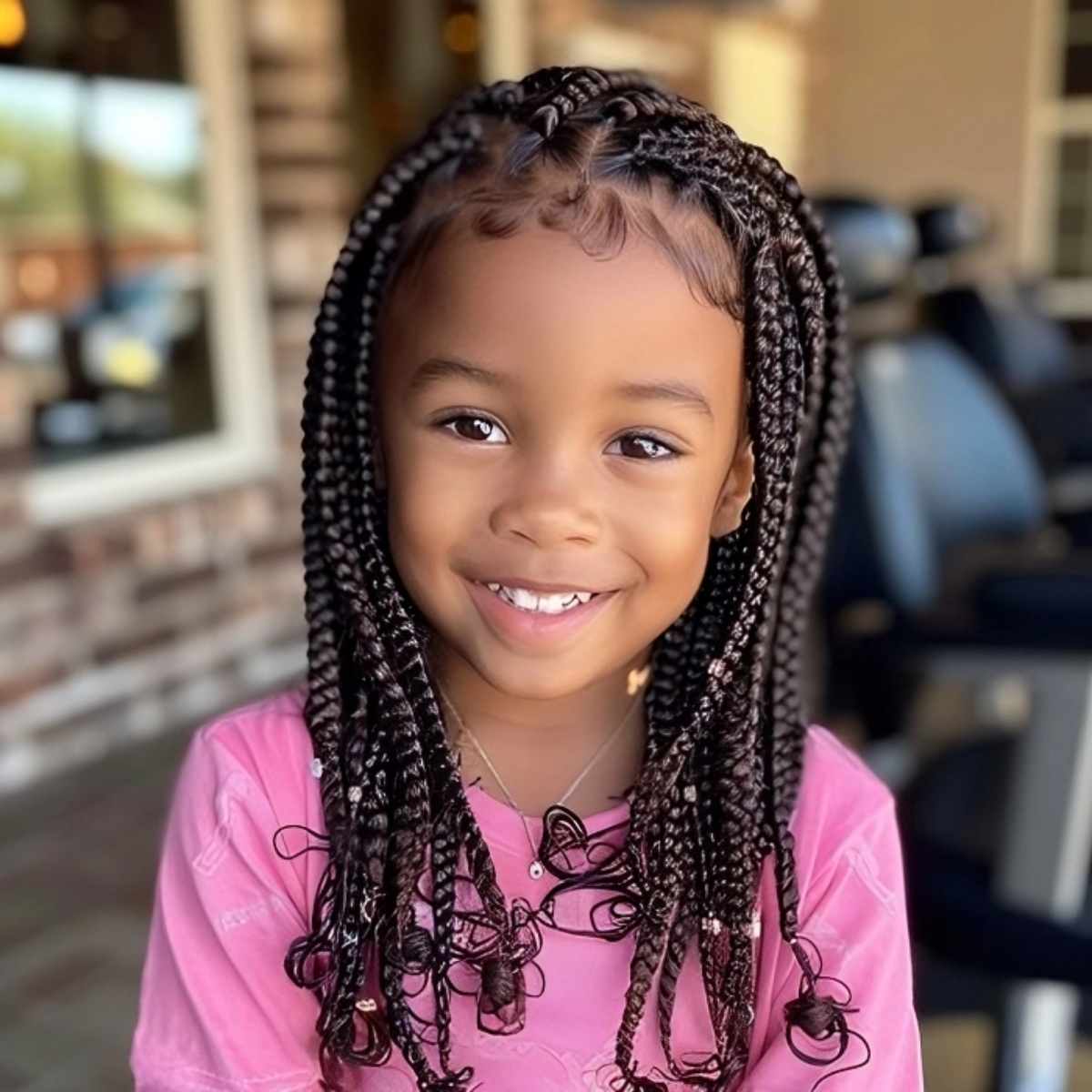 Long Thin Box Braids With Metallic Accessories — Simple Little Girl Braids