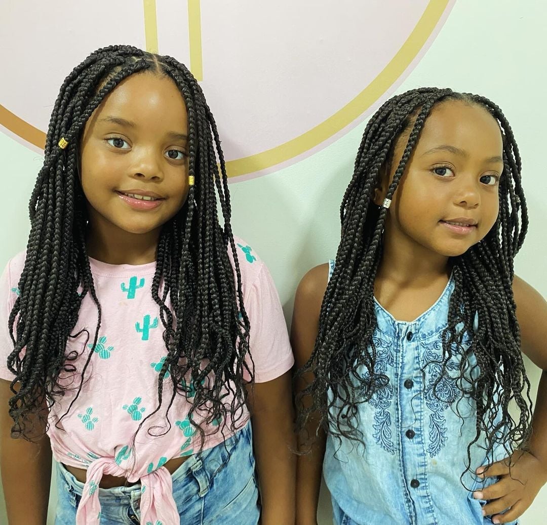 Mid-Back Box Braids With Gold and Silver Beads — Simple Little Girl Braids