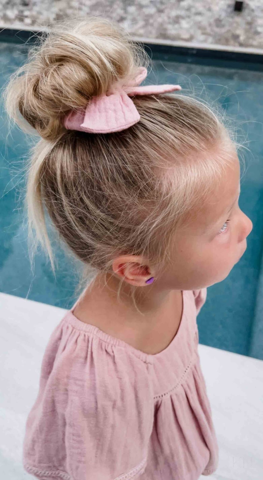 Shoulder Length Messy Top Knot With Pink Scrunchie Shoulder Length Messy Top Knot With Pink Scrunchie — Simple Little Girl Hairstyles