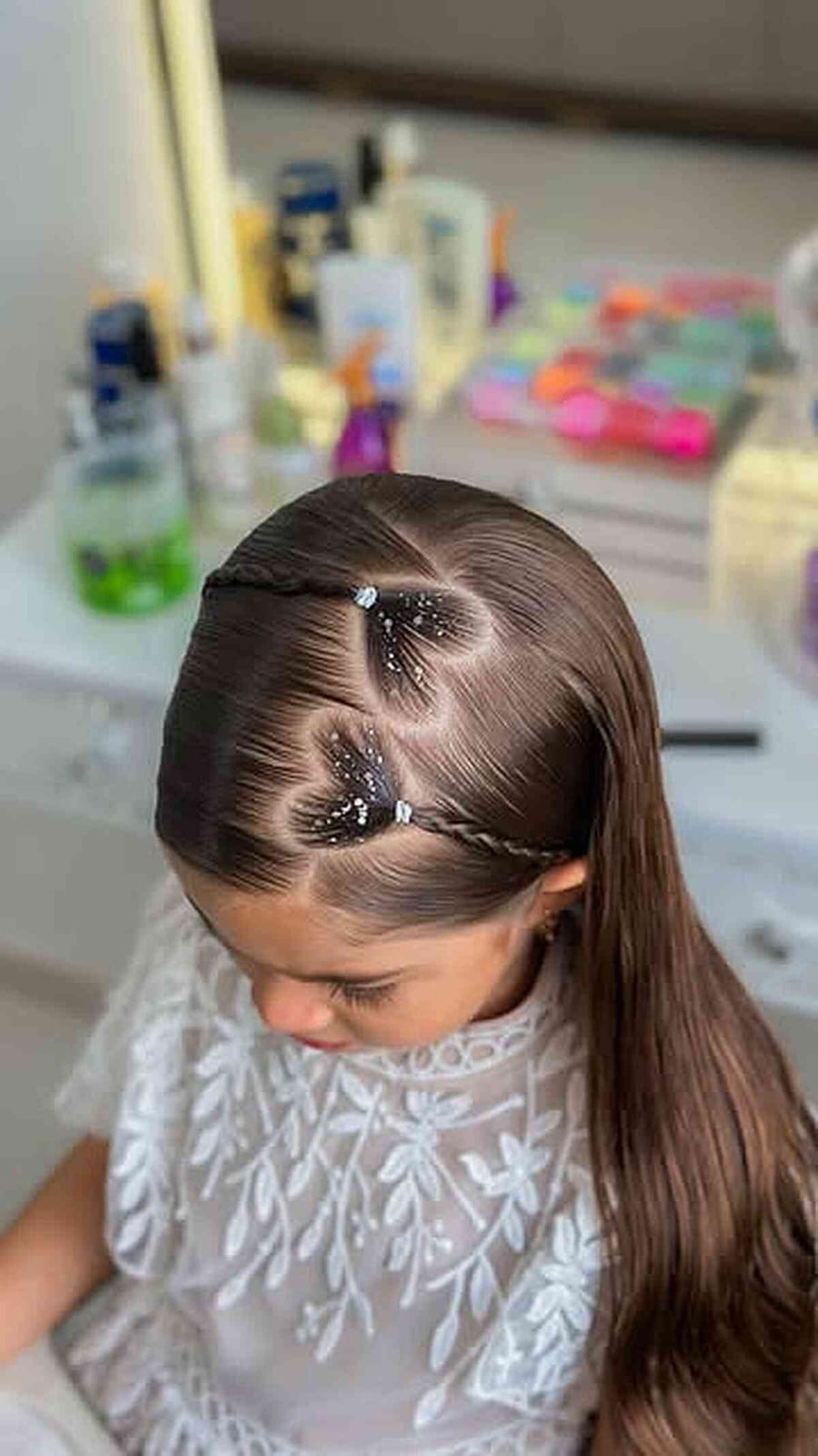 Mid-Back Sleek Ponytail With Heart Braids Mid-Back Sleek Ponytail With Heart Braids — Simple Little Girl Hairstyles