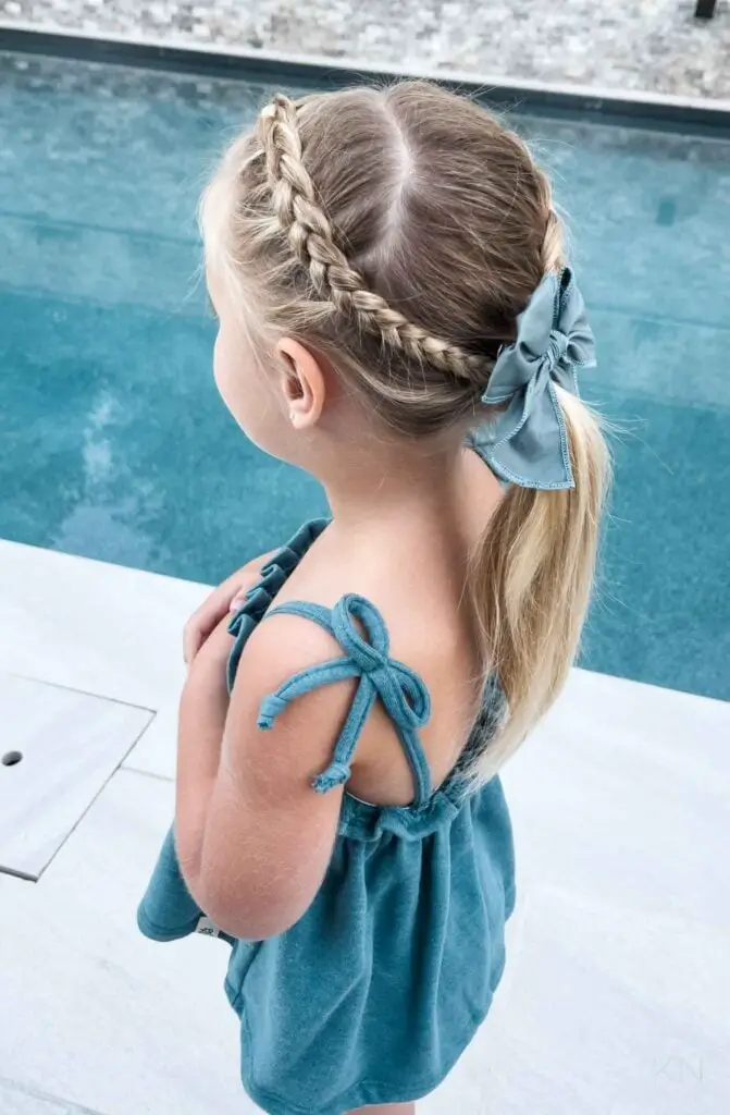 Blonde Braids Into Ponytail With Blue Bow Blonde Braids Into Ponytail With Blue Bow — Simple Little Girl Hairstyles