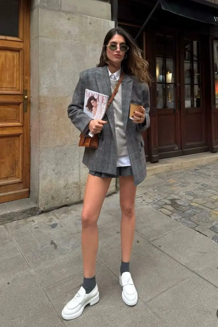 White Chunky Loafers with Plaid Blazer and Mini Skirt — Simple Loafer Outfits