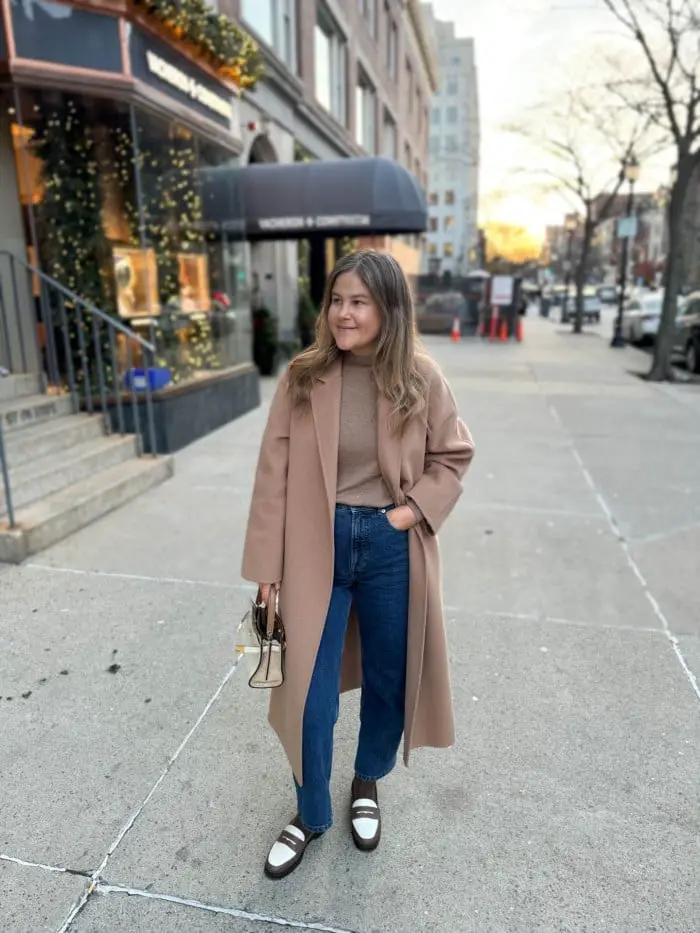 Two-tone Loafers with Camel Coat and Jeans, Close-Up Take — Simple Loafer Outfits