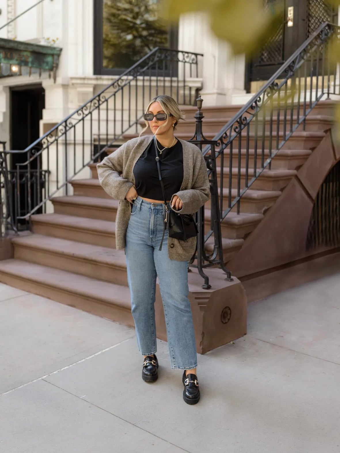 Black Horsebit Loafers with Oversized Cardigan, Close-Up Take — Simple Loafer Outfits