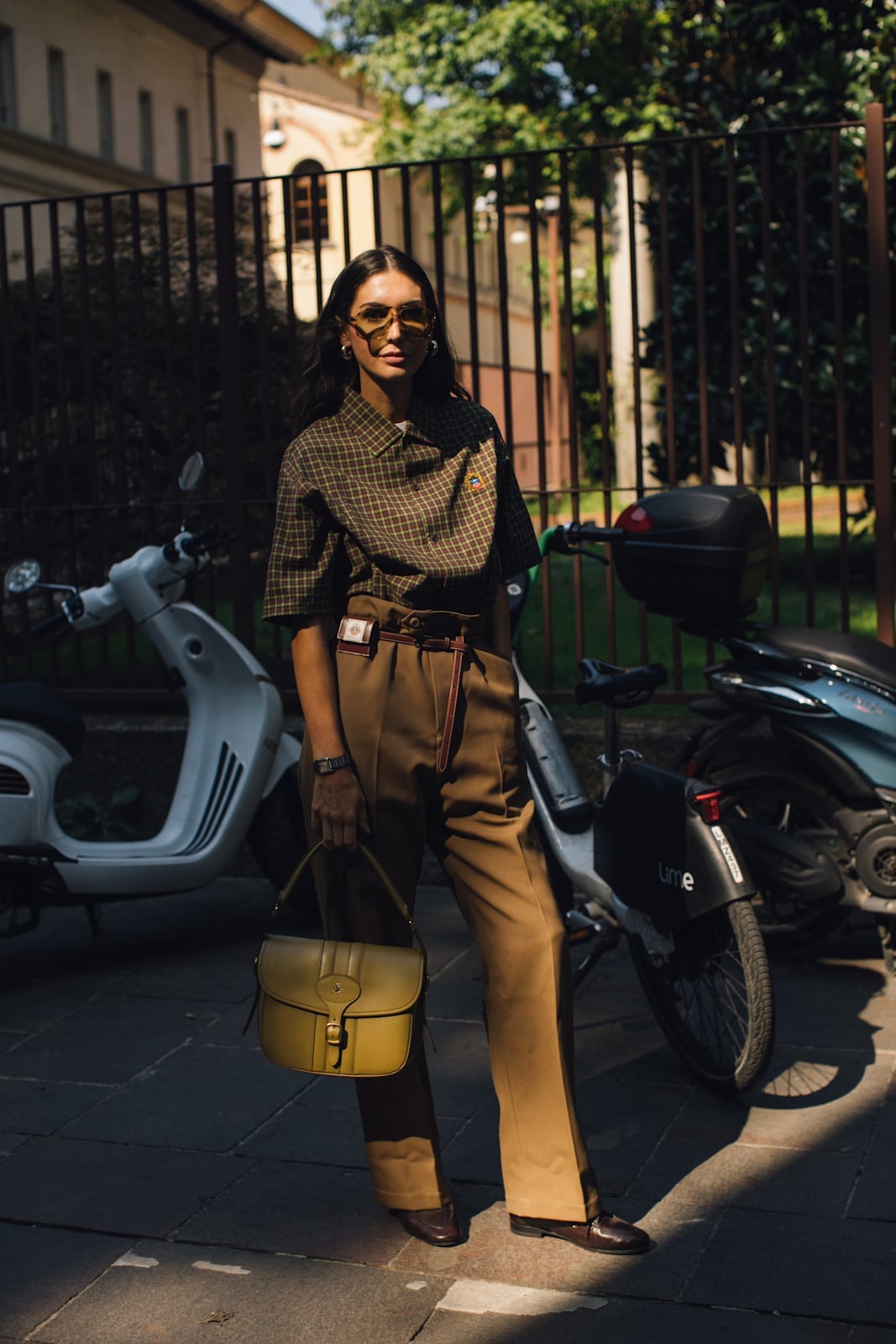 Brown Loafers with Wide-Leg Trousers and Plaid, Office-Safe Version — Simple Loafer Outfits