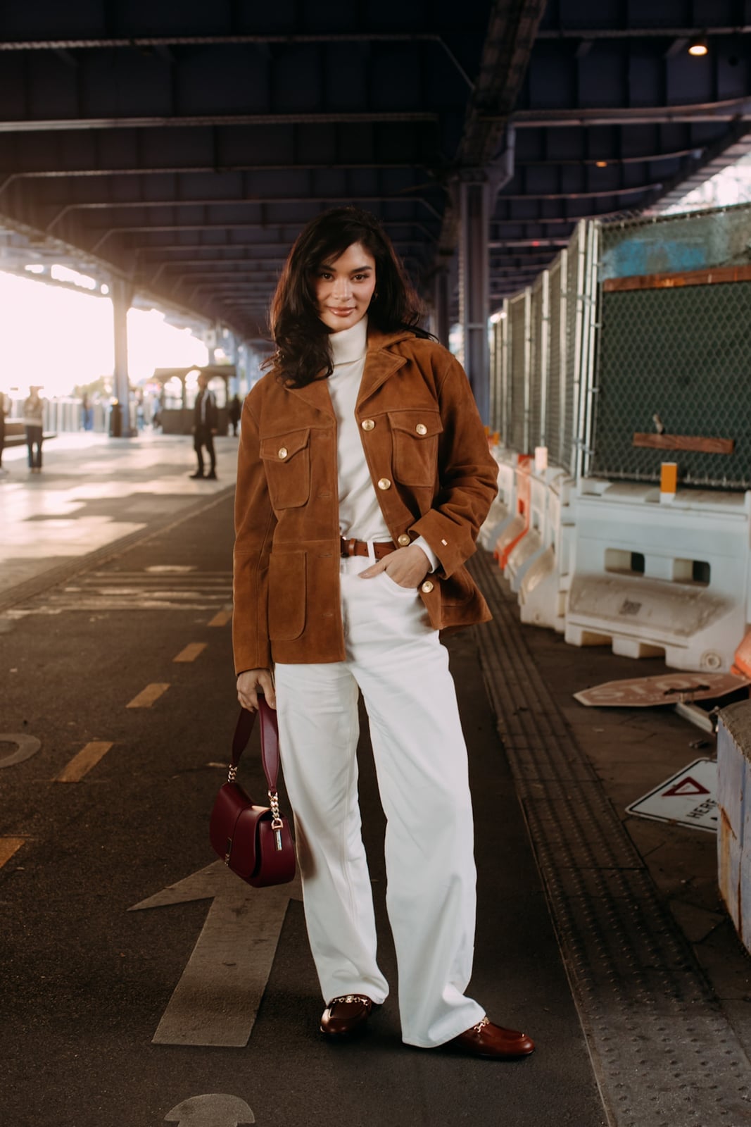 Brown Heeled Loafers with White Trousers and Utility Jacket — Simple Loafer Outfits