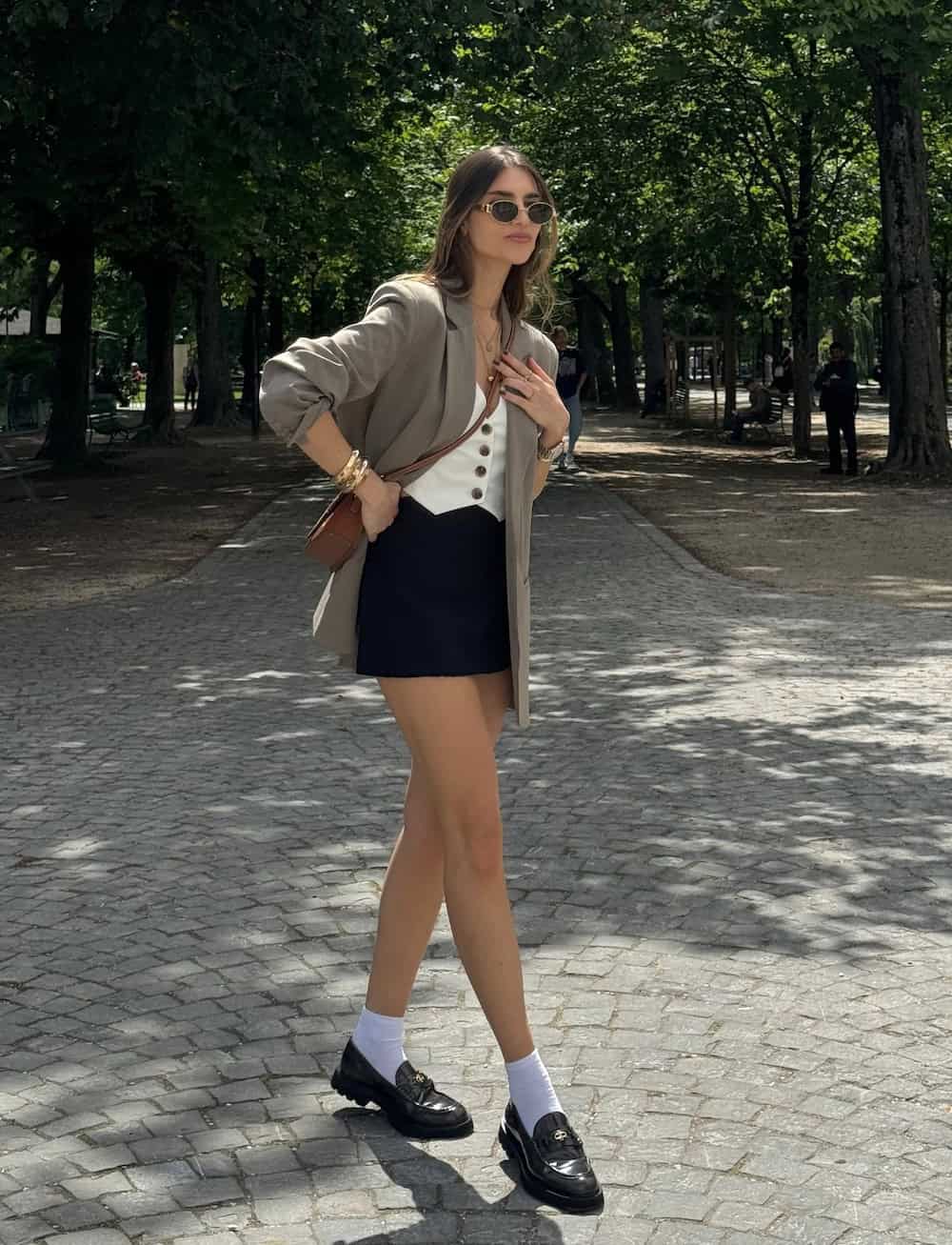 Black Loafers with Mini Skirt and Beige Blazer and Linen Blend — Simple Loafer Outfits