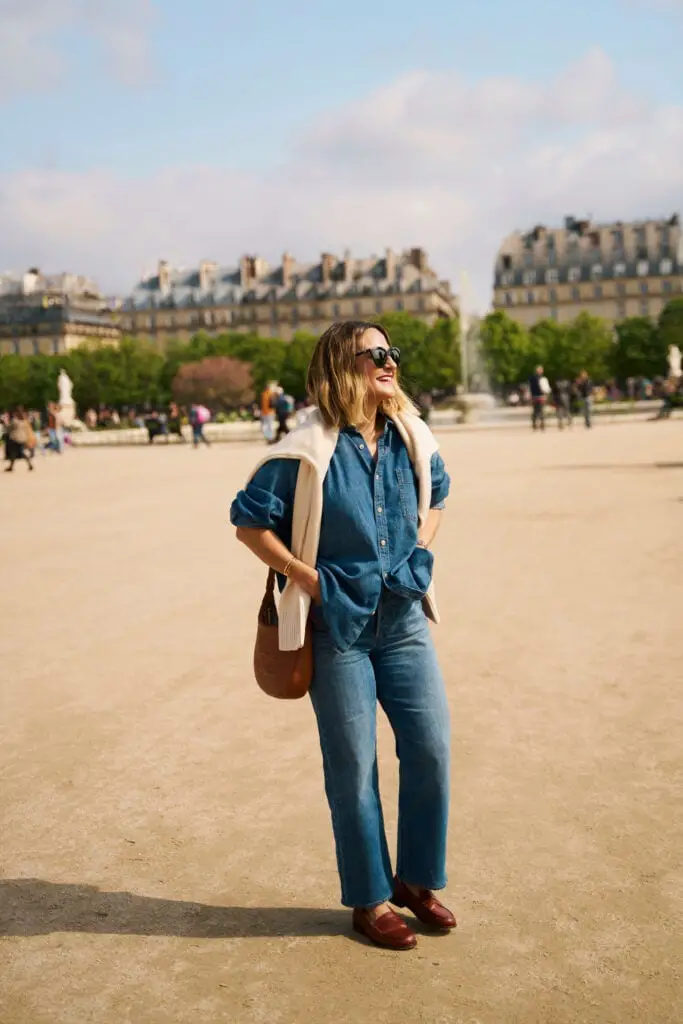 Dark Red Loafers with Denim on Denim and Cream Sweater — Simple Loafer Outfits