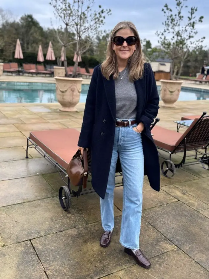 Brown Penny Loafers with Flared Jeans and Textured Coat — Simple Loafer Outfits