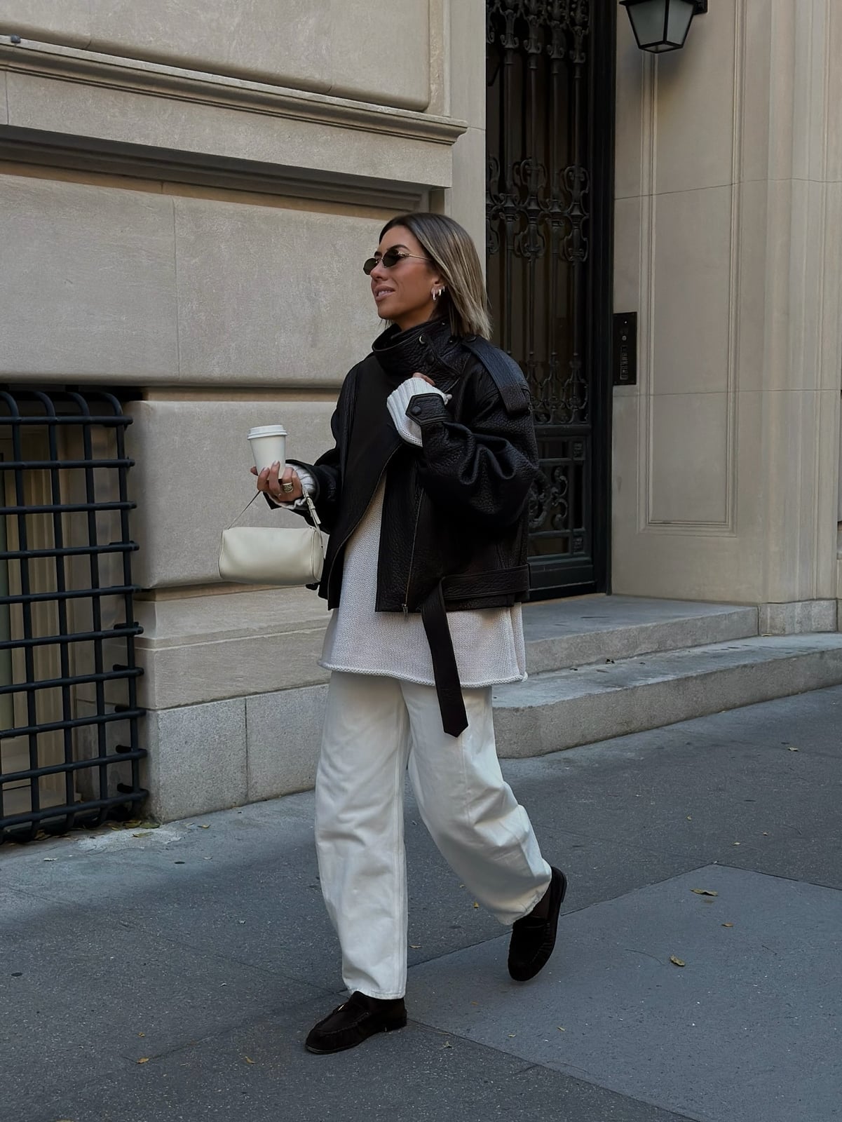 Black Leather Loafers with Wide-Leg Trousers and Leather Jacket — Simple Loafer Outfits