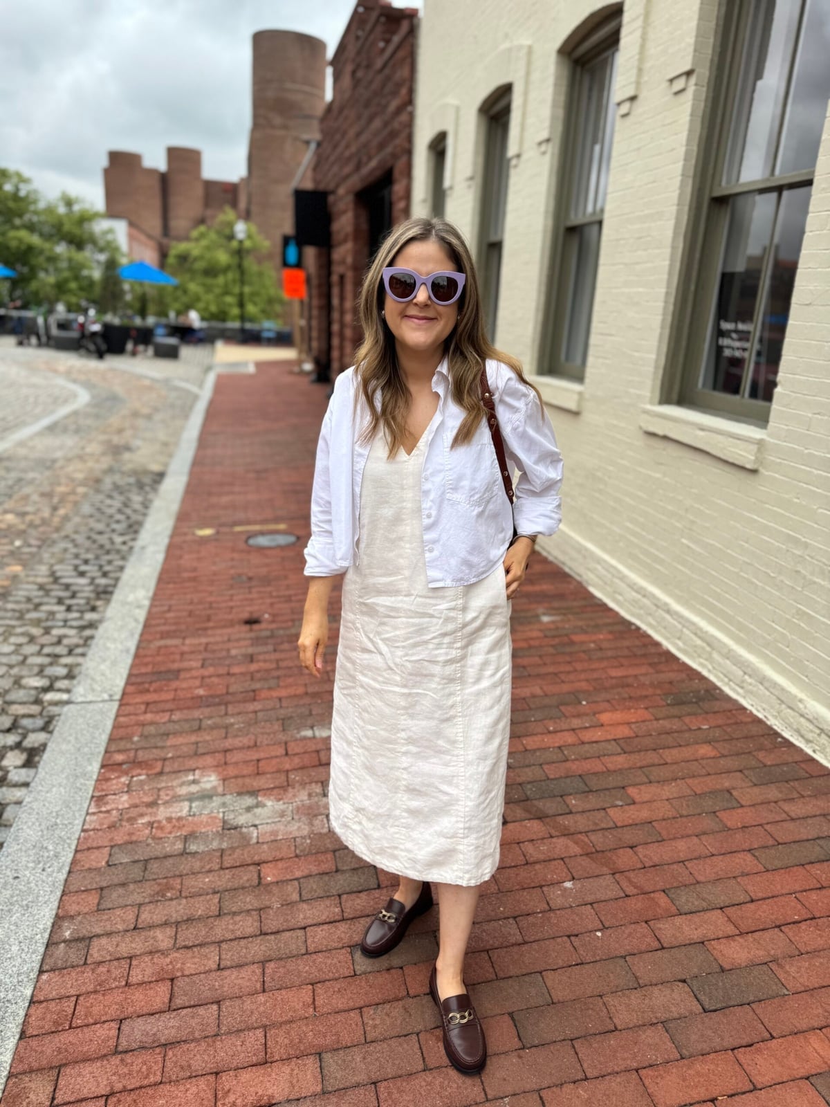 Brown Loafers with Linen Midi Dress and Cropped Shirt — Simple Loafer Outfits