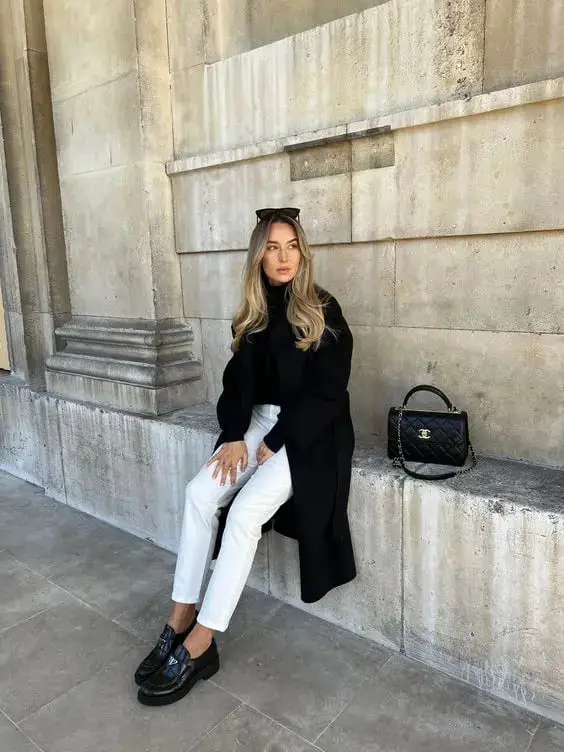 Black Chunky Loafers with Jeans and Long Coat — Simple Loafer Outfits