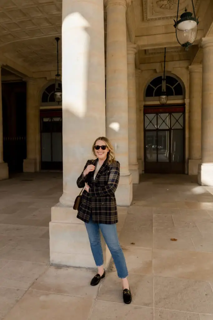 Black Loafers with Straight Leg Jeans and Plaid Blazer — Simple Loafer Outfits