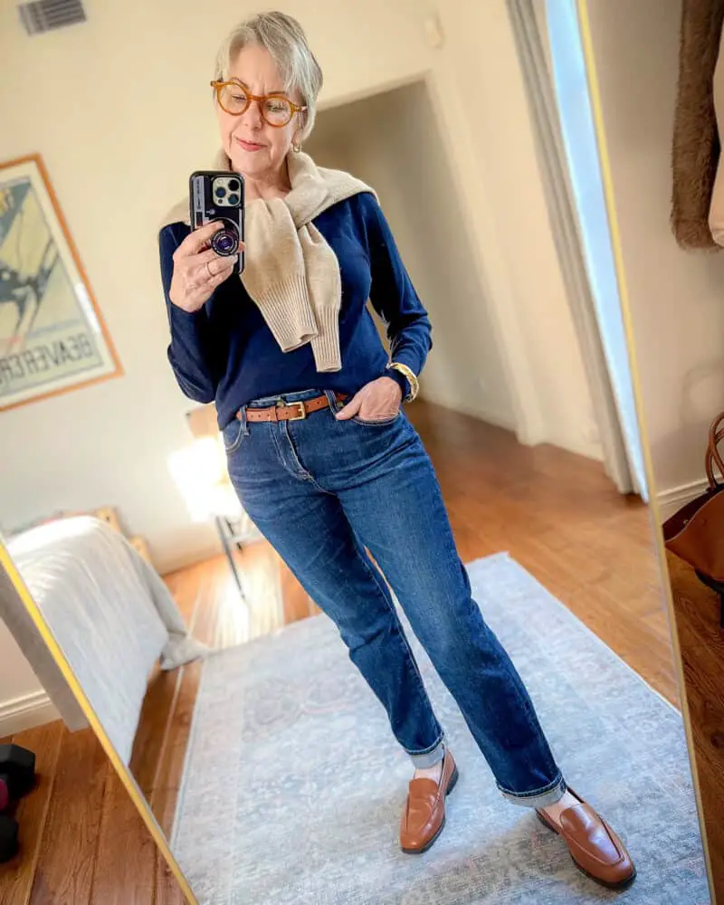 Brown Loafers with Straight Leg Jeans and Navy Top — Simple Loafer Outfits