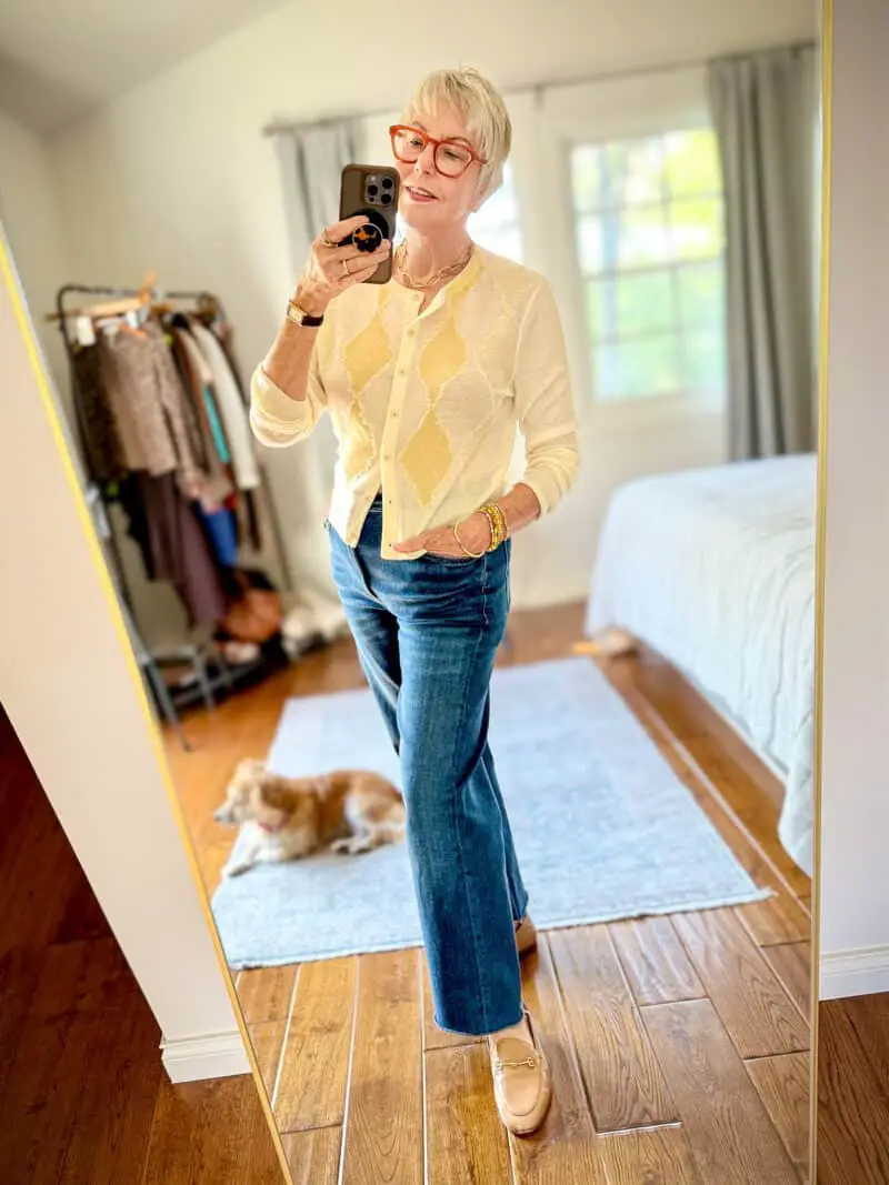 Light Brown Loafers with Argyle Cardigan and Jeans — Simple Loafer Outfits