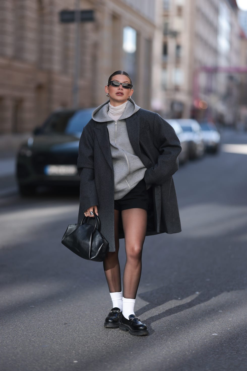 Black Chunky Loafers with Oversized Coat and Shorts — Simple Loafer Outfits