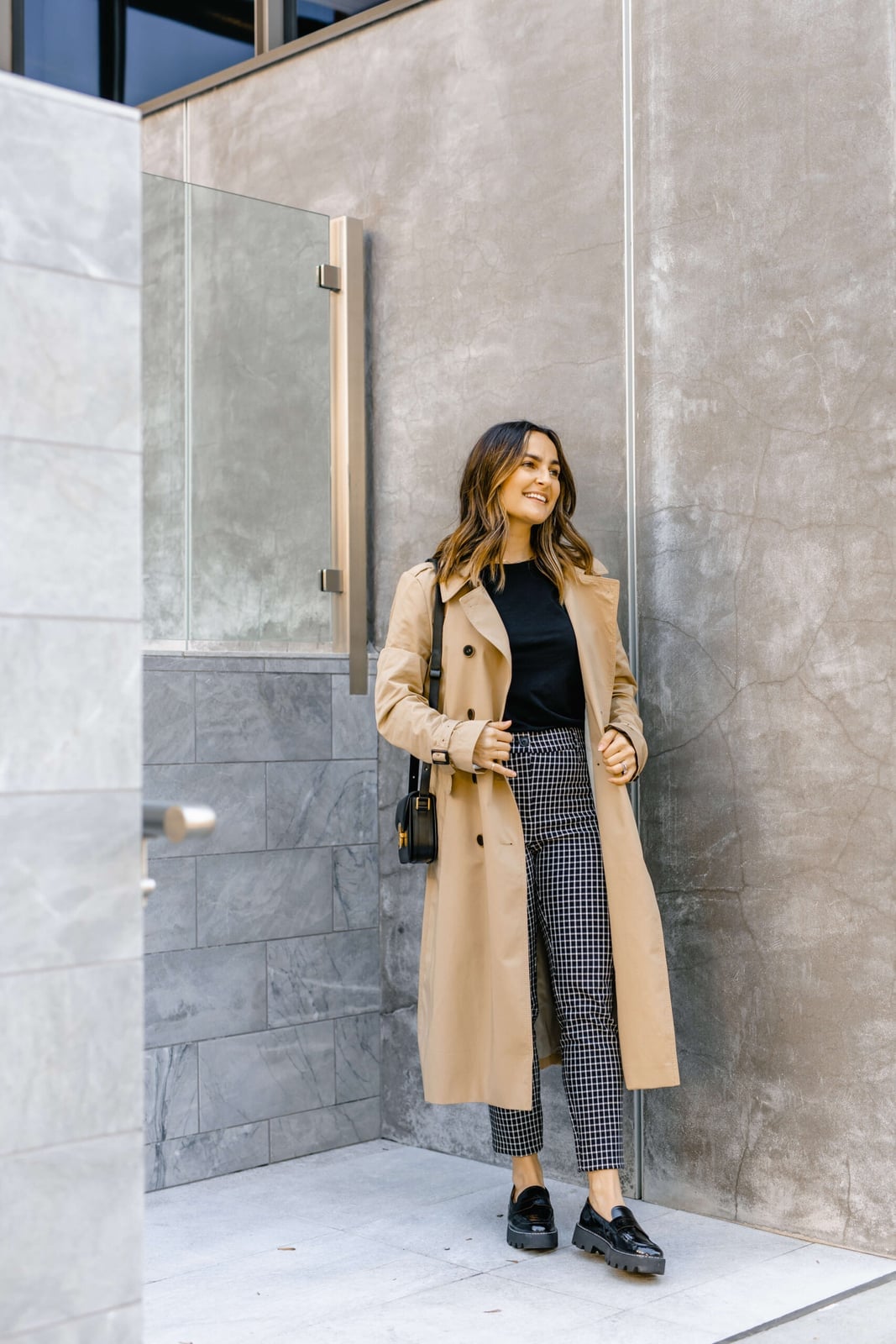 Black Chunky Loafers with Checked Trousers and Trench Coat — Simple Loafer Outfits