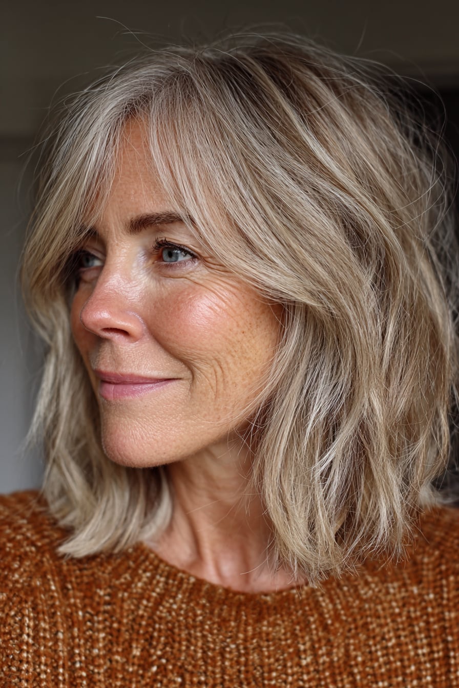 Ash Blonde Lob With Side-Swept Bangs Ash Blonde Lob With Side-Swept Bangs — Simple Lob Hair