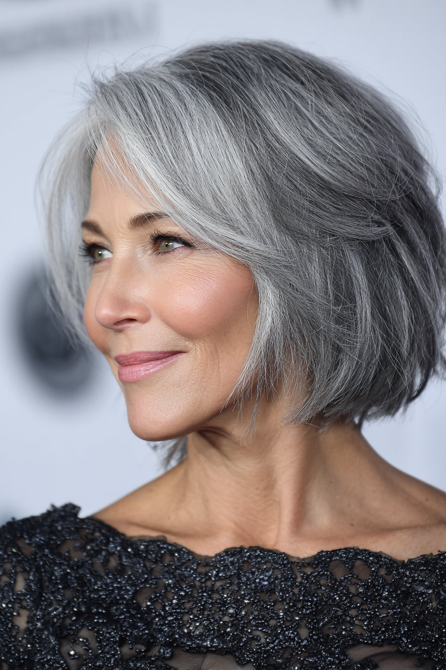 Natural Gray Lob With Curtain Bangs Natural Gray Lob With Curtain Bangs — Simple Lob Hair