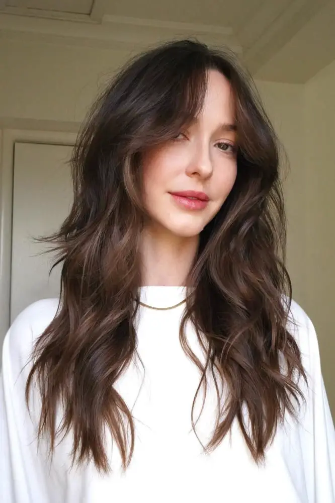 Mid-Back Wavy Dark Brown With Wispy Bangs and Loose Waves Mid-Back Wavy Dark Brown With Wispy Bangs and Loose Waves — Simple Long Haircuts